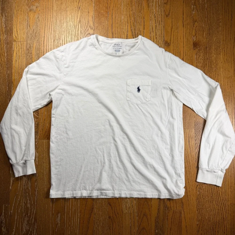 Polo Ralph Lauren Mens White Long Sleeve Pocket T-Shirt Navy Blue Pony Logo L